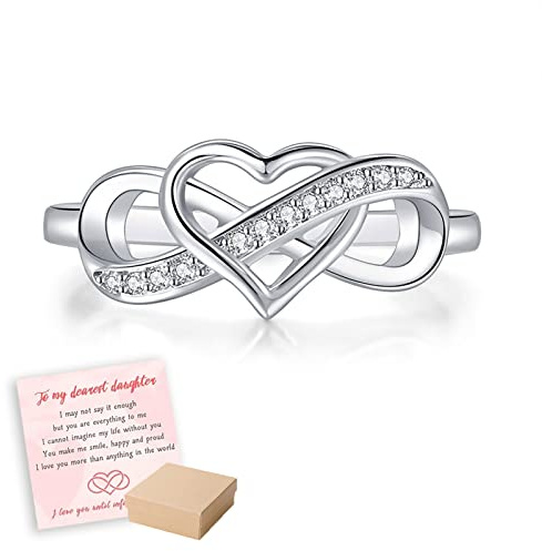 OVNMFH An Meine liebste Tochter, unendlicher Liebesring – ''I Love You Until Infinity Runs Out'' S925 Zirkon Cutout Heart Infinity Ring, Schmuckgeschenke für Frauen und Mädchen (Silver,9)