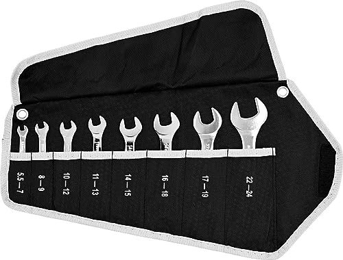 Kunzer 7SLS08 Kunzer Spezialschlüsselsatz 8-teilig - Set aus Stahl – 5,5-24 mm, Doppel-Gabelschlüssel mit Rolltasche