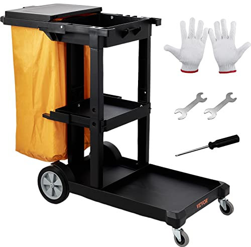 VEVOR Reinigungswagen Putzwagen mit 3 Fächern, Hygienewagen Reinigungswagen 90,7 kg Tragfähigkeit, Schwarz PP Wischwagen Systemwagen mit PVC-Müllsack, Geeignet für Büros, Einkaufszentren, Hotels