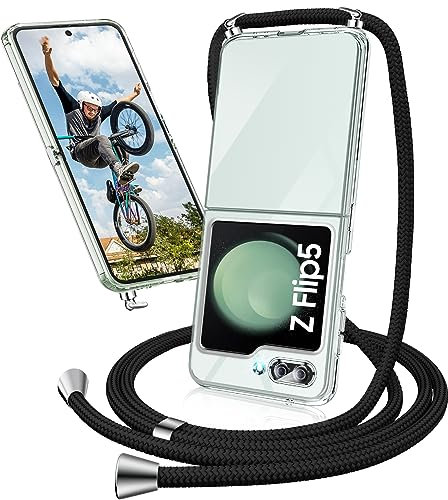 Handykette Hülle für Samsung Galaxy Z Flip 5 Hülle mit Band, Transparent Necklace Handyhülle Samsung Z Flip 5 mit Kette mit Kordel zum Umhängen Ultradünn Schutzhülle Case Hülle Z Flip 5 5G (Schwarz)