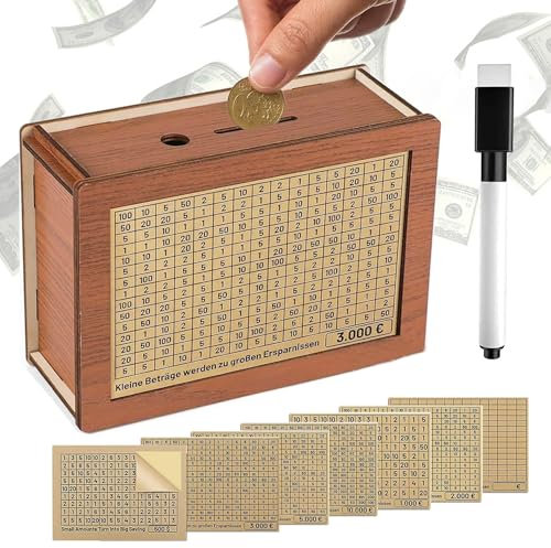Spardose Holz,Sparbox mit Zahlen Ankreuzen,Sparbox Holz,Spardose mit Ziel mit Zähler,Wiederverwendbare Spardose,Sparschwein mit Sparziel,Sparschwein aus Holz,€500 €1,000 €2,000 €3,000 €5,000 €10,000