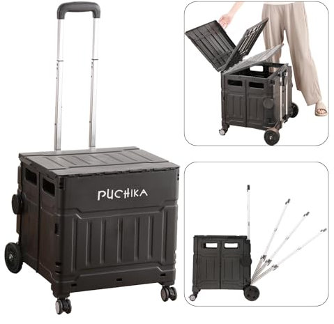 PUCHIKA Einkaufstrolley klappbar, Einkaufswagen Trolley, Einkaufstrolley mit Deckel, Shopping Trolley faltbar, Einkaufstrolleys flachziehenbar, Teleskop Griff, 4 Gummiräder, 48L, Schwarz