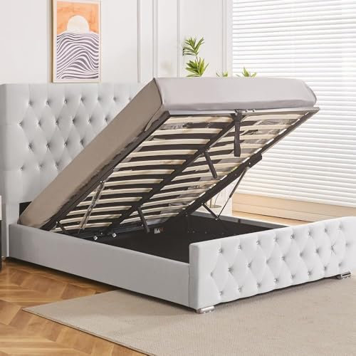Divan Beds Deals DECORE4U LTD | Charlie Plush Velvet Ottoman Bed Frame | Charlie Bed With Gas Lift Storage & Buttoned Studs Headboard. (Silver, 5FT King Size - 150 x 200)