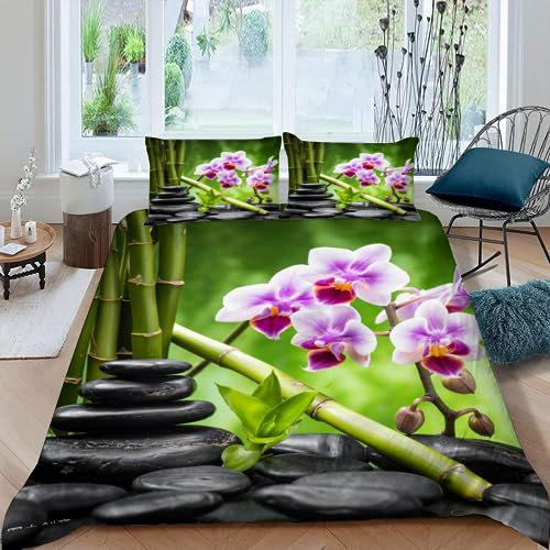 MEVASA Bettwäsche 135x200 Bambus Orchidee Bettwäsche-Set 3 Teilig 3D-Druck Zen-Steine Bambusblätter Bettbezug 135x200 mit Reißverschluss Weiche Mikrofaser Kinderbettwäsche mit 2 Kissenbezug