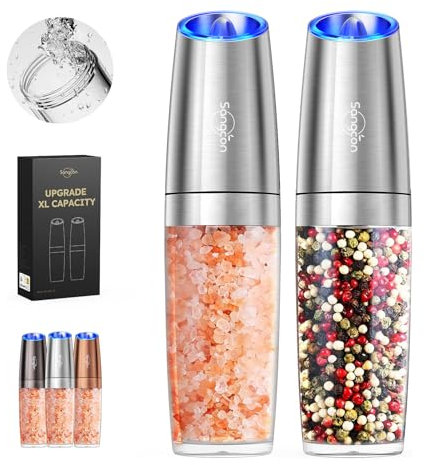 sangcon Gravity Electric Salt and Pepper Grinder Set Shakers Upgraded 9OZ XL Capacity Battery Powered Refillable Automatic One Hand Operation Adjustable Coarseness Mill Grinder Set for Kitchen