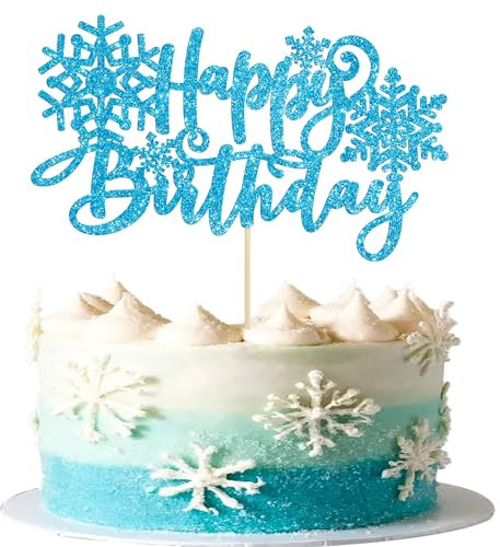 Gyufise 1Pc Happy Birthday Snowflake Cake Topper Glitter Winter Frozen Snowflake Birthday Cake Pick Decoration for Winter Wonderland Baby Shower Kids Birthday Christmas Party Decorations Supplies Blue