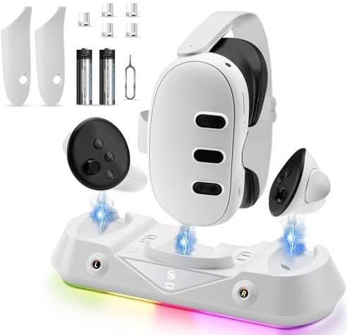 Qynoba Meta Quest 3 Charging Dock VR Headset Charging Stand for Oculus/Meta Quest 3 Magnetic Charging Station for VR Headset and Touch Controllers High Speed Charging Stand with RGB Light 2 Battery