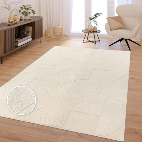 TT Home Wohnzimmer Teppich Schlafzimmer Hochflor Skandinavisch Uni Boho Waschbar, Farbe:Creme, Größe:120x160 cm