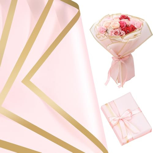 woric 25 Blatt Blumen Papier, Blumenstrauß Papier Geschenkpapier Rosa Blumenpapier Wasserdicht für Geschenkverpackung Kunst Handwerk Blumen Hochzeit Abschluss Verpackung (58x58cm)