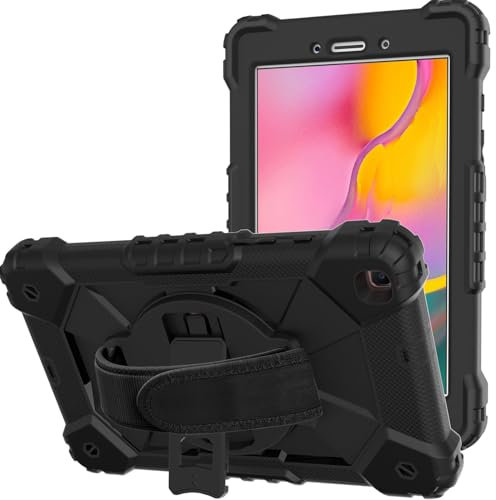 BARALARIQIU Funda para Samsung Tab A 2019 8.0 T290/T295 Tablet Funda Protectora Resistente a los golpes con Correa de Mano Giratoria 360°/Soporte Plegable/Correa de Hombro Ajustable Negro
