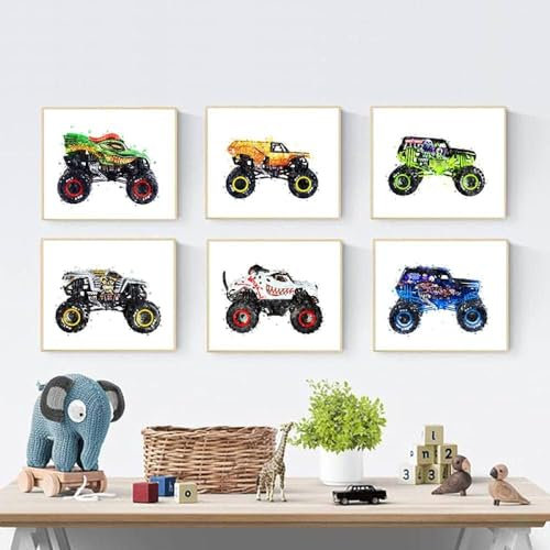 FURLOU Wandkunst, Monster Truck Cartoon Aquarell Kunst Malerei Leinwanddruck Moderne nordische Poster Junge Geschenke Kinderzimmer Dekoration Bilder Poster für Klassenzimmer 30 x 40 cm 6 Stück