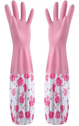 1 paire de gants de nettoyage en caoutchouc de taille moyenne - Gants en caoutchouc - Gants de vaisselle longs en caoutchouc - Gants fantaisie en caoutchouc - Gants de lavage (rose)