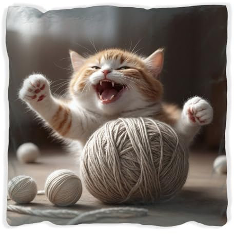 Wallario Dekokissen 40 x 40 cm mit weißer Rückseite, Katze mit Wollknäuel, Kuschelkissen mit weicher Plüsch-Oberfläche