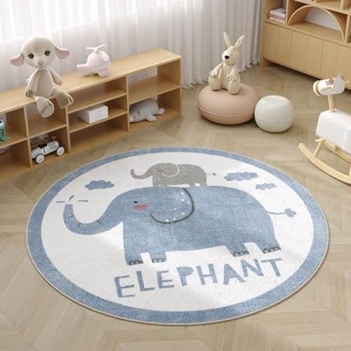 Viusneun Kinderteppich, Rund Kurzflor Wildtiere Teppiche Weich Waschbare Teppich Krabbeldecke rutschfest Teppiche fürs Babyzimmer Kleinkinderzimmer Wohnzimmer Schlafzimmer (Elefant,80cm)