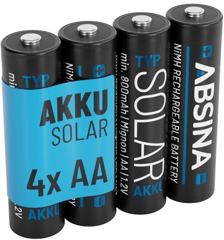 ABSINA 4X Solar Akku AA wiederaufladbar 800mAh 1.2V NiMH - Mignon AA Solar Batterien für Solarleuchten - Solarakkus AA mit geriner Selbstentladung - Akku Solar Batterie, Akkus für Solarlampen