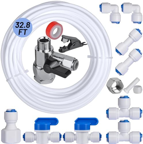 32.8ft Refrigerator Water Line Kit Connection, 1/4 Compression Ice Maker Installation Kit, 1/4 OD Water Line Kit with Quick Connect Fitting for Fridge Ice Maker Reverse Osmosis RO System Water Filter