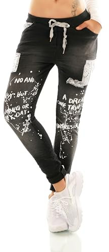 STIDIA Damen Hose Jeans Denim Look Jogpants Baggy Boyfriend Freizeithose Schriftzug Pailletten (DE/NL/SE/PL, Alphanumerisch, Einheitsgröße, Regular, Regular, Schwarz)