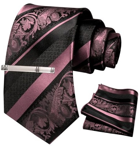 JEMYGINS Herren Krawatten Set mit gemischtem Rosen und Streifenmuster inklusive Krawattenklammer und Taschentuch Dunkelroségold