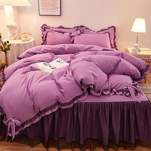 GETIYA Elegant Lila Rüschen Bettwäsche 135x200 Mikrofaser Bettbezug mit Schleife Mädchen Damen Bettbezug Einzelbett Lila Bettwäsche mit Rüschen Unifarben Deckenbezug mit 1 Kissenbezug 80x80