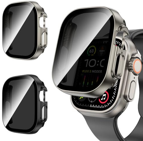 Neitra 2 Pezzi Cover per Apple Watch Ultra 2/Ultra Privacy Pellicola Protettiva Anti Spy, Antiurto Bumper Case, Custodia Protettiva Rigida PC Integrata in Vetro Temperato HD per Apple Watch Ultra