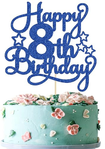 Happy 8th Birthday Cake Topper - Blue Glitter Cheers to 8 Years Old Cake Pick for Celebrating Anniversary Party Decorations Supplies (1 Pack)