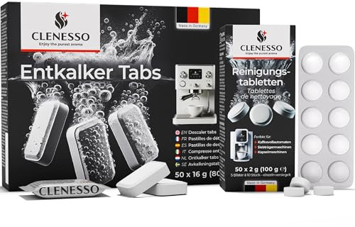 CLENESSO Kit d'entretien: détartrant machine à café + pastille nettoyage machine a cafe (50 unités chacune) – compatible avec Siemens, Jura, Krups, Miele et bien d'autres