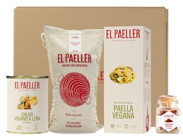 EL PAELLER - Cesta Vegana - Kit Vegano El Paeller - Incluye Pack Paella Vegana lista en 18 minutos - Caldo Vegano a Leña - Arroz D.O Valencia Albufera y Azafrán