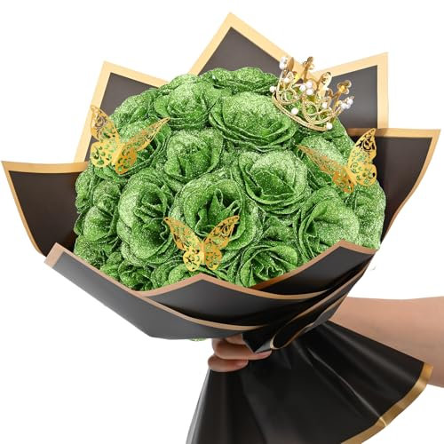Waipfaru Glitter Roses Bouquet, DIY Green Fake Flowers Bouquet, Artificial Rose Bouquet for Valentines, Anniversary, Engagement, St. Patrick's Day, Wedding, 36 Roses