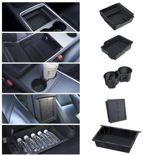 BANKKY 5Pcs Zubehör für Tesla Model Y 2024-2020, Organizer unter dem Sitz(Nicht Passend für Model 3), Mittelkonsole Organizer, Armlehne Aufbewahrungsbox, Versteckte Aufbewahrungsbox, Getränkehalter