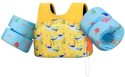 HeySplash Schwimmflügel Kinder, Cartoon Kein Aufblasen Schwimmweste mit 2 Sicherheitsschnalle Schwimmreifen Pool für Kinder 3-7 Jahren, Aufblasbare Schwimmwesten Fit für 31-66 Lbs