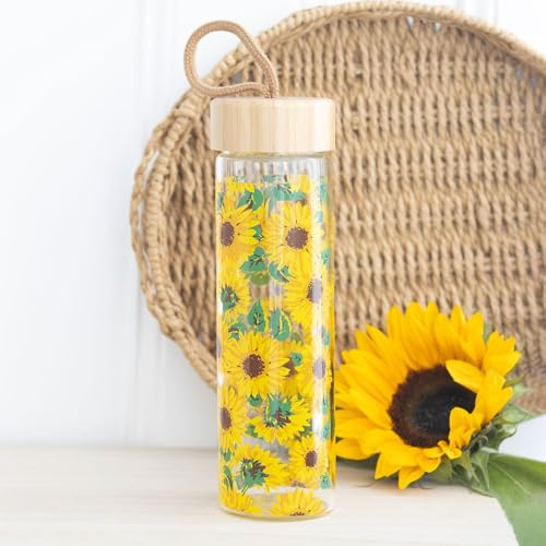 Something Different Wholesale Sunflower Print Glass Water Bottle with Bamboo Lid (12/24)