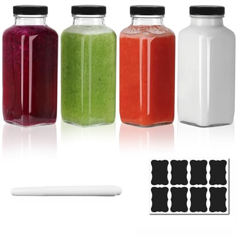 ZhouZGlass 4 pcs Juice Bottles, Clear Glass Jars with Lids, Reusable Square Beverages Drinking Jars with Tamper-Proof Black Caps for Travel Milk Water Tea Kombucha Smoothie Boba (250ML)