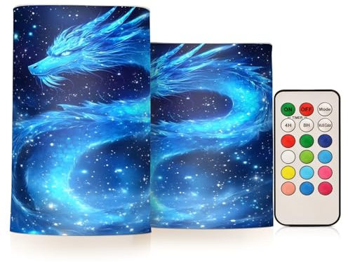 Mnsruu Flammenlose Kerzen Drache Galaxie Sterne Blau Kosmos LED Kerzen Flackern mit Fernbedienung Timer Batteriebetriebene Kerzen 2er Set Home Hochzeit Dekoration
