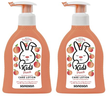 sanosan 2x Bodylotion Kinder mit Pfirsich Duft 200 ml - Body Lotion mit Bio Olivenöl & Milchprotein - Hautpflege, Körperlotion, Baby Lotion, Creme Kinder trockene Haut