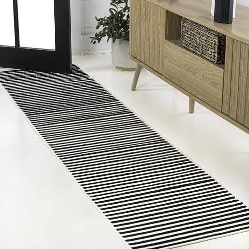 JONATHAN Y SCN102F-28 Aarhus Teppich, hoch/tief, minimalistisch, skandinavisch, gestreift, schwarz/weiß, 60 x 240 cm, fusselfrei, schmutzabweisend, einfache Reinigung, für Schlafzimmer, Wohnzimmer