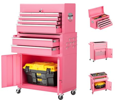 Incbruce 8-Drawer Metal Rolling Tool Chest, High Capacity Toolbox Organizer with Wheels, Detachable Tool Cabinet Top for Mechanics Garage and Workshop (Pink)