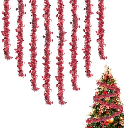 8 Stück Weihnachten Lametta Girlande, Christmas Garland, 2m Weihnachtsdeko Girlande mit Funkelnden Sternförmigen Pailletten, Weihnachtsgirlande Outdoor, Christbaum Dekoration fur Urlaub Party (Rot)