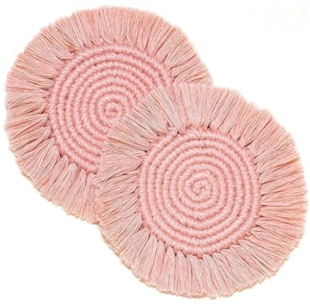 2 handgefertigte Boho-Untersetzer, 100% Baumwolle, gewebt, Makramee, saugfähig, hitzebeständig, für Getränke, Couchtisch, Schreibtisch, Küche, Esszimmer, Einweihungsgeschenk (Rosa)