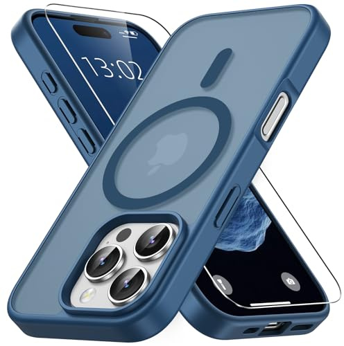 Vansdon Cover Magnetica per iPhone 16 Pro con 1 Pezzi Vetro Temperato | Blu Profondo, Compatibile con Magsafe, Protezione anticaduta di livello militare, Custodia Traslucida Opaca Sottile Antiurto