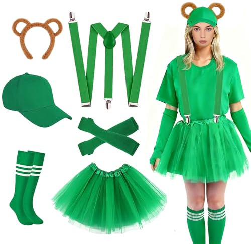 HEYIDAMAI Streifenhörnchen Kostüm Set, Chipmunks Kostüm Damen, mit Streifenhörnchen Stirnband, Y-Rücken, Rock, Hut, Fußballsocken, für Karneval, Halloween, Fasching, Welttag Des Buches