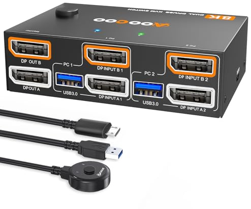 KVM Switch 8K@30Hz/4K@144Hz, DP KVM Switch für 2 Computer 2 Monitore und 4 USB3.0-Geräte teilen,Kabelfernbedienung und USB-Kabel im Lieferumfang enthalten
