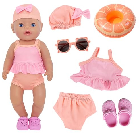 6 Stück Schwimm-Set für Puppen, Puppenkleidung Sommer für 14-18 Zoll Baby Puppen Outfits mit Badekappe Badeanzug Badehose Schwimmring Sonnenbrille Flops Baby Puppenzubehör für 30-43 cm Schwimmpuppe