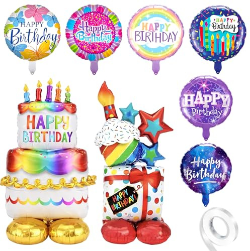 8 Stück Happy Birthday Ballon mit 10m weißem Band, Folienballon Geburtstag mit Buntem Muster, Helium Ballons Geburtstag für Feiern, Geburtstagsballon Dekoration
