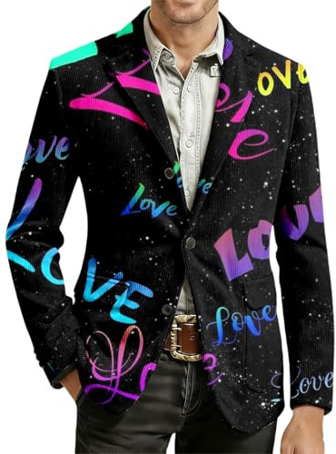 Veste en velours côtelé pour homme - Imprimé multicolore - Costume de carnaval - Motif cœur - Blazer - Coupe ample - Pour fête, loisirs, mariage - Costume tendance
