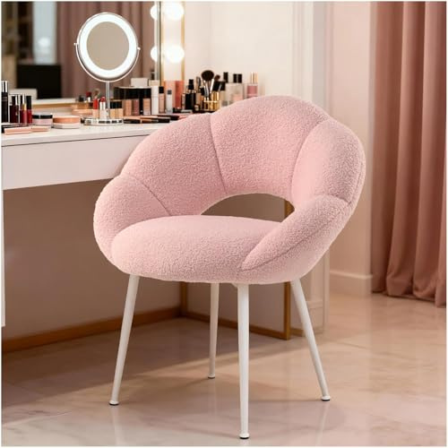 SDXYSTCE Sedia da Scrivania Imbottita e Comoda - Poltrona da Ufficio con Schienale Floreale - Sedia Moderna per Trucco in Tessuto Teddy - Bianco e Rosa