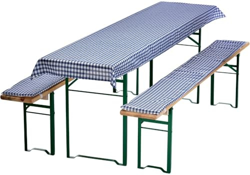 Waidmeister Bierbankauflagen Set 3 teilig - Auflagen für Bierzeltgarnitur - 1 Tischdecke 240x70 cm für Biertisch & 2 Bankauflagen gepolstert 220x25 - Farbe: Karo Blau