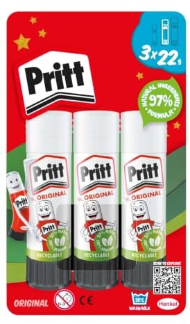 Pritt Glue Stick, Safe and Child-Friendly Craft Glue for Arts and Crafts Activities, Strong-Hold Adhesive for School and Office Supplies, 22 g (Pack of 3)