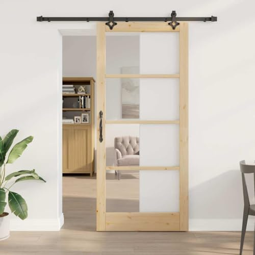 YunCangg ORKDAL - Porta scorrevole in legno di pino e vetro, colore nero naturale, 93 x 211 cm, per interni, scorrevole silenziosa, salvaspazio, adatta per soggiorno, corridoio e ristrutturazione