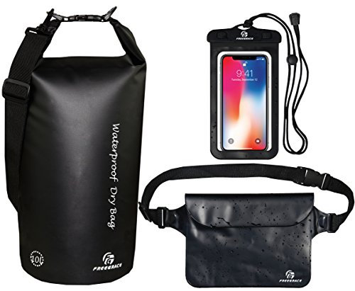 Freegrace Wasserdichte Trockensäcke 3er Set Dry Bag mit 2 Zip-Lock-Verschlüssen & abnehmbarem Schultergurt, Hüfttasche & Handyhülle - In Wasser tauchbar - Zum Schwimmen (Schwarz, 10L)