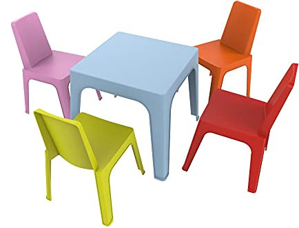 RESOL Set Julieta: Table et 4 chaises pour Enfants. Meubles pour Enfants pour extérieur ou intérieur. pour Jardin, Patio, Balcon ou terrasse - 1 Table Bleu + 4 chaises Rouge/Rose/Orange/Citron